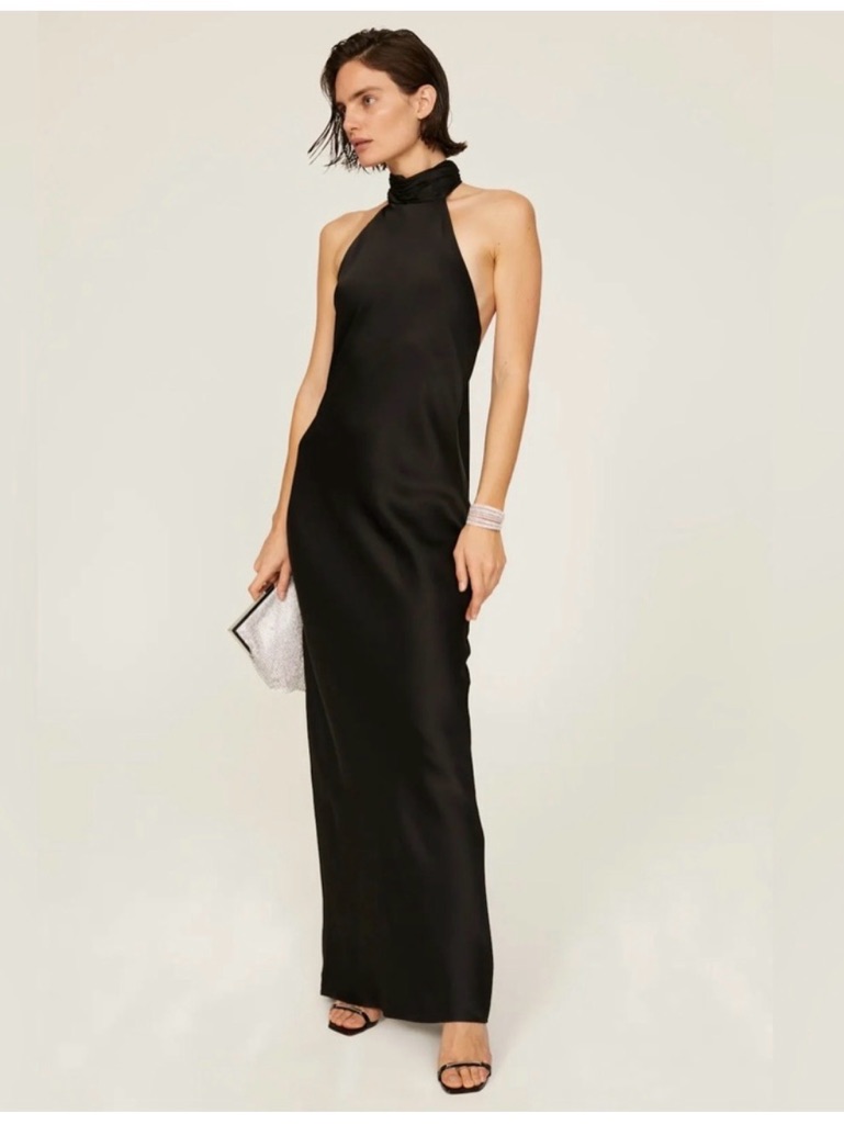 Ramy Brook Black Halter Backless Satin Evening Dress